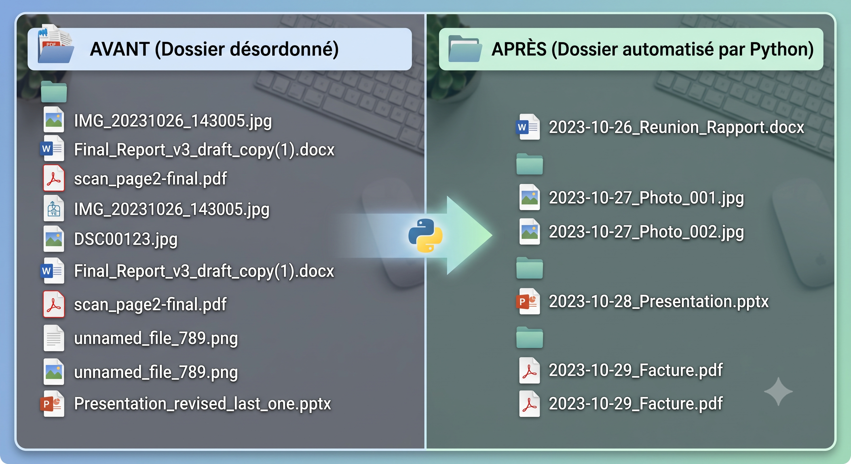 Comparatif dossier désordonné vs dossier automatisé par Python