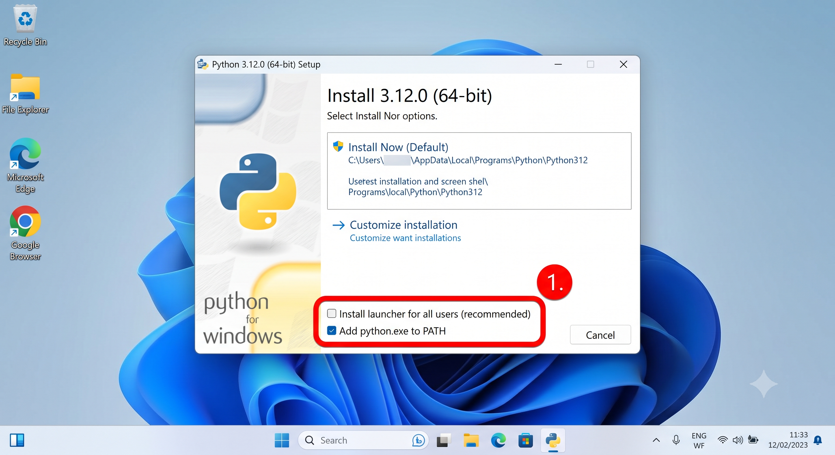 Capture d'écran de l'installateur Python mettant en évidence l'option Add python.exe to PATH