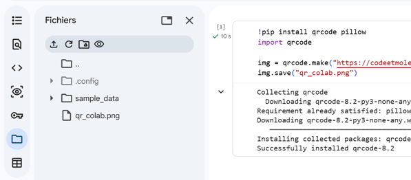 Image du notebook Jupyter avec à droite le code du script et à gauche le panneau des fichiers