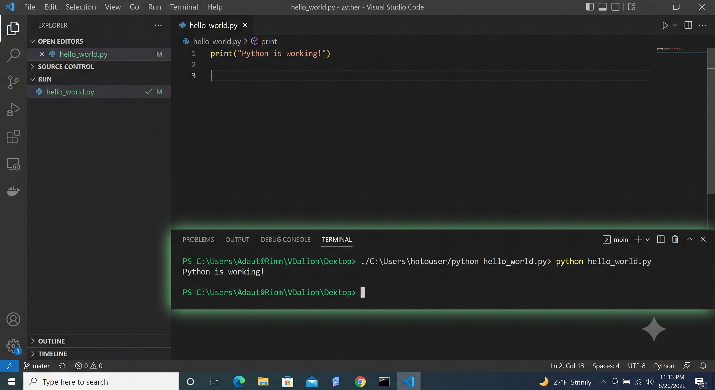 Interface de VS Code montrant l'exécution réussie du script dans le terminal du bas